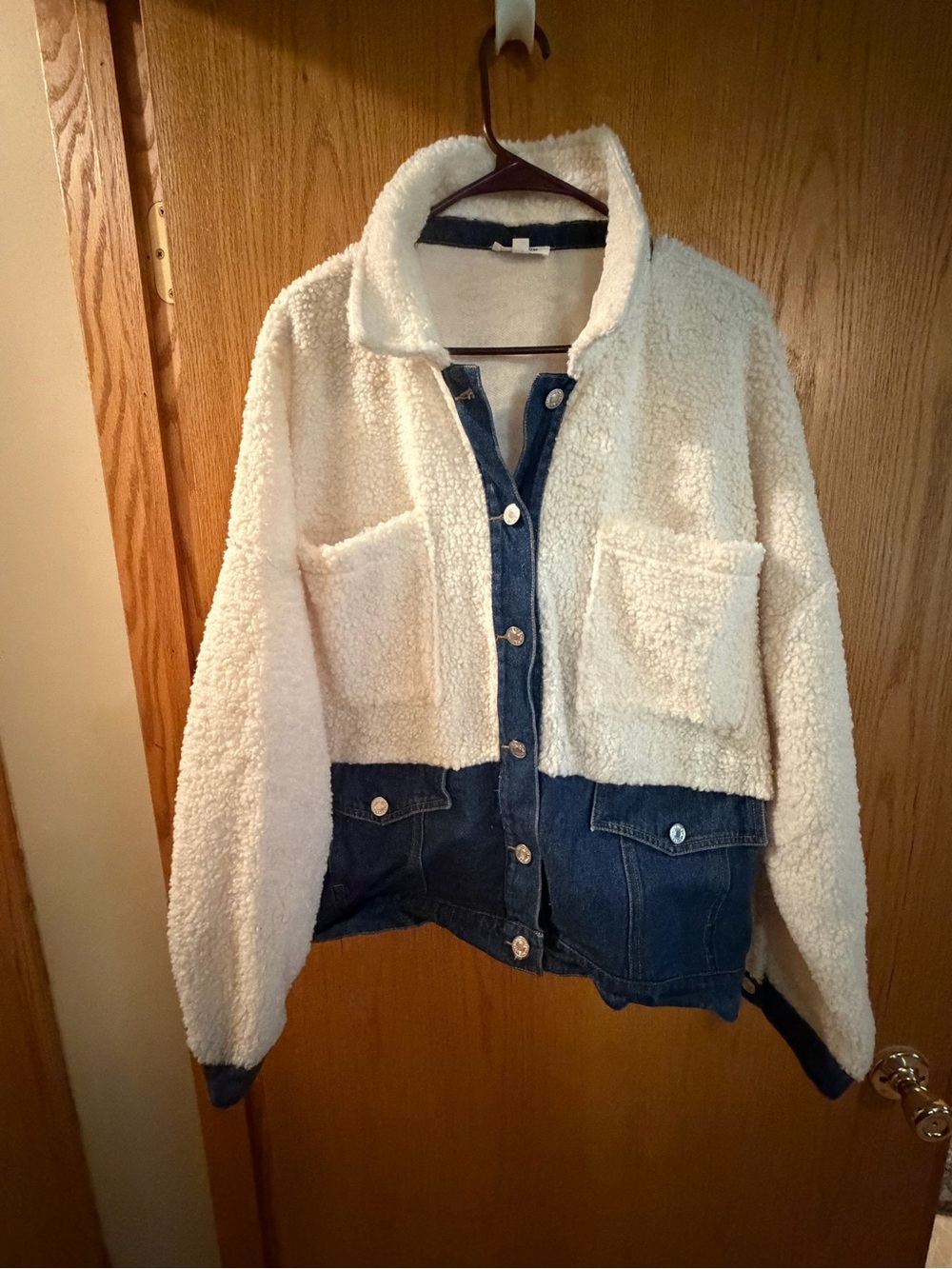 Cream Sherpa and Blue Denim Hybrid Jacket - Women's Teddy Coat